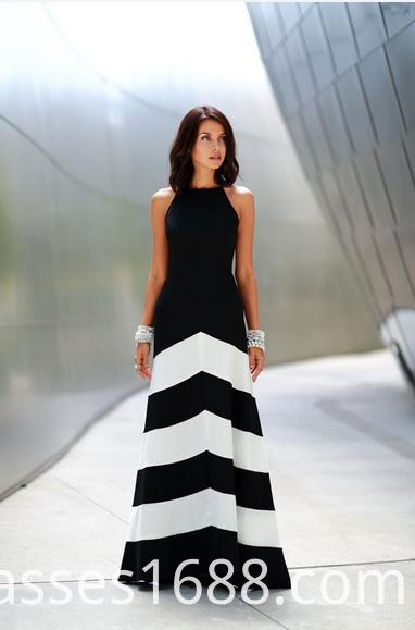 Blanco y negro a rayas costura vestido sin mangas Black And White Striped Stitching Sleeveless Dress